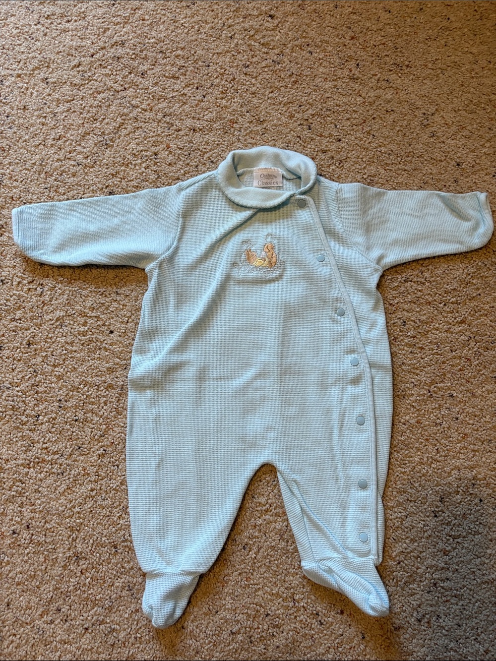 Classic Baby Blue Footed One-Piece with Bunny Embroidery
